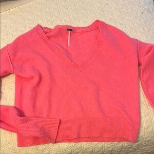 Free People Bright Pink V-Neck Sweater